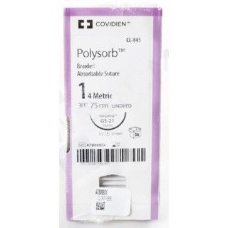 Medtronic Polysorb 75 cm 1/2 Circle Size 1 GS-21 Braided Synthetic Absorbable Coated Suture, 36/Box