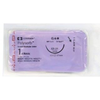 Medtronic Polysorb 5 cm x 75 cm 1/2 Circle Size 1 GS-21 Braided Synthetic Absorbable Coated Suture, Violet, 12/Box