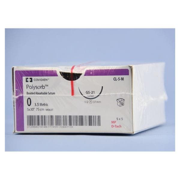 Medtronic Polysorb 5 cm x 75 cm 1/2 Circle Size 0 GS-21 Braided Synthetic Absorbable Coated Suture, Violet, 12/Box
