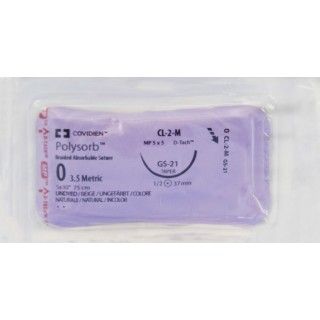 Medtronic Polysorb 5 cm x 75 cm 1/2 Circle Size 0 GS-21 Braided Synthetic Absorbable Coated Suture, 12/Box