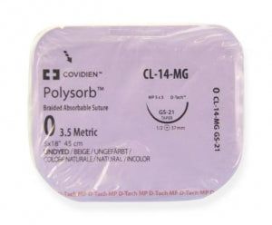 Medtronic Polysorb 5 cm x 45 cm 1/2 Circle Size 0 GS-21 Braided Synthetic Absorbable Coated Suture, 12/Box