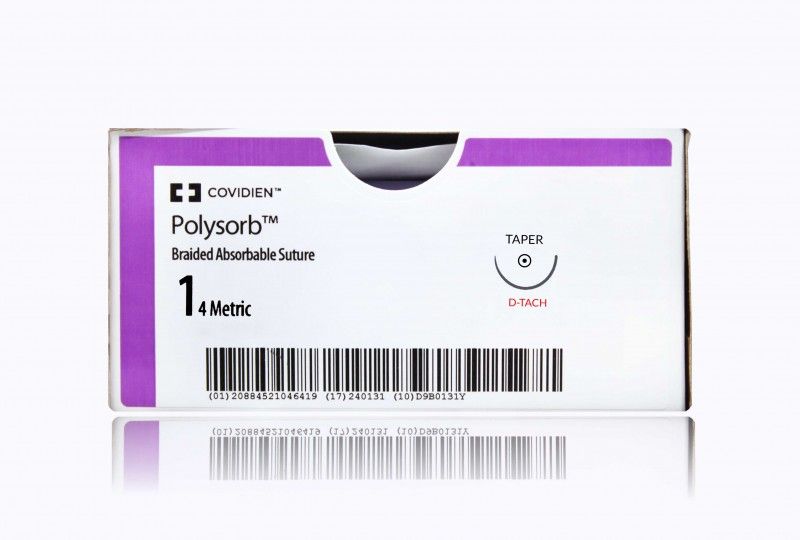 Medtronic Polysorb 5 cm x 45 cm 1/2 Circle Size 1 GS-21 Braided Synthetic Absorbable Coated Suture, Violet, 12/Box