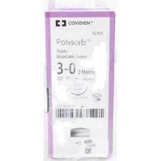 Medtronic Polysorb 75 cm 1/2 Circle Size 3-0 GS-22 Braided Synthetic Absorbable Coated Suture, 36/Box