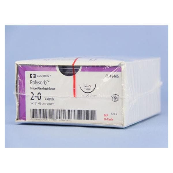 Medtronic Polysorb 5 cm x 45 cm 1/2 Circle Size 2-0 GS-22 Braided Synthetic Absorbable Coated Suture, Violet, 12/Box