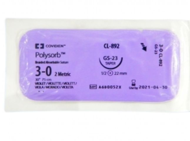Medtronic Polysorb 75 cm 1/2 Circle Size 3-0 GS-23 Braided Synthetic Absorbable Coated Suture, Violet, 36/Box