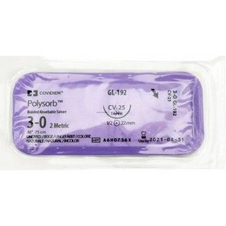 Medtronic Polysorb 75 cm 1/2 Circle Size 3-0 CV-25 Braided Synthetic Absorbable Coated Suture, 36/Box