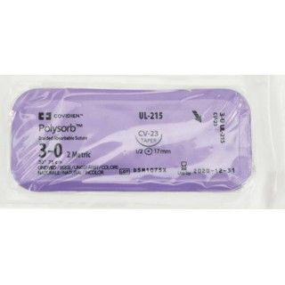 Medtronic Polysorb 75 cm 1/2 Circle Size 3-0 CV-23 Braided Synthetic Absorbable Coated Suture, 36/Box