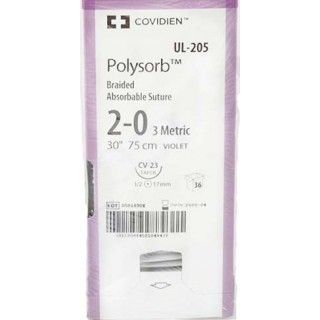 Medtronic Polysorb 75 cm 1/2 Circle Size 2-0 CV-23 Braided Synthetic Absorbable Coated Suture, Violet, 36/Box