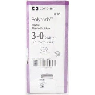 Medtronic Polysorb 75 cm 1/2 Circle Size 3-0 CV-23 Braided Synthetic Absorbable Coated Suture, Violet, 36/Box