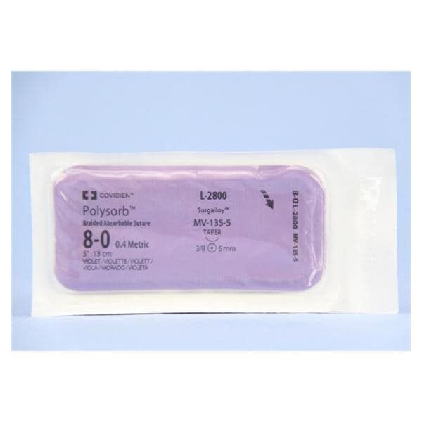 Medtronic Polysorb 13 cm 3/8 Circle Size 8-0 MV-135-5 Braided Synthetic Absorbable Coated Suture, Violet, 12/Box
