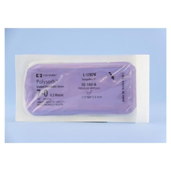 Medtronic Polysorb 45 cm 1/2 Circle Size 7-0 SE-160-8 Braided Synthetic Absorbable Coated Suture, Violet, 12/Box