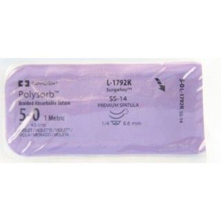 Medtronic Polysorb 45 cm 1/4 Circle Size 5-0 SS-14 Braided Synthetic Absorbable Coated Suture, Violet, 12/Box