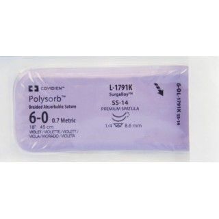 Medtronic Polysorb 45 cm 1/4 Circle Size 6-0 SS-14 Braided Synthetic Absorbable Coated Suture, Violet, 12/Box