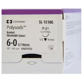 Medtronic Polysorb 45 cm 1/2 Circle Size 6-0 P-21 Braided Synthetic Absorbable Coated Suture, 12/Box
