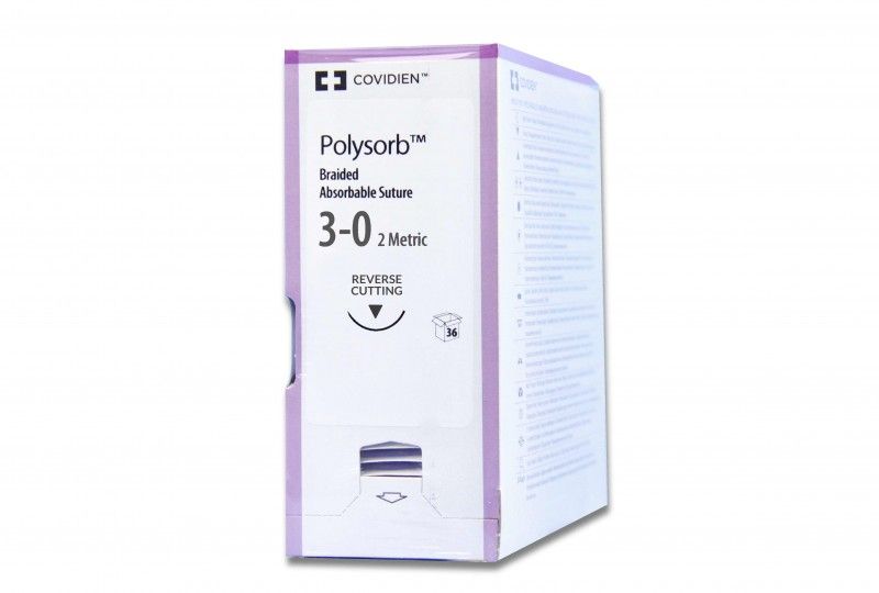 Medtronic Polysorb 45 cm 3/8 Circle Size 3-0 P-14 Braided Synthetic Absorbable Coated Suture, 36/Box