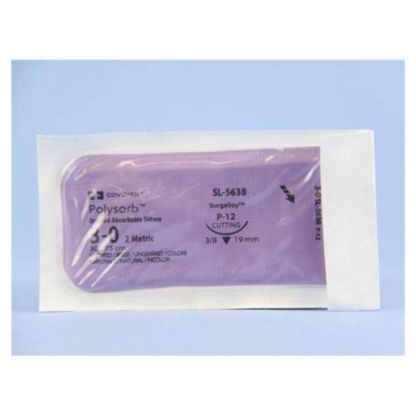 Medtronic Polysorb 75 cm 3/8 Circle Size 3-0 P-12 Braided Synthetic Absorbable Coated Suture, 36/Box