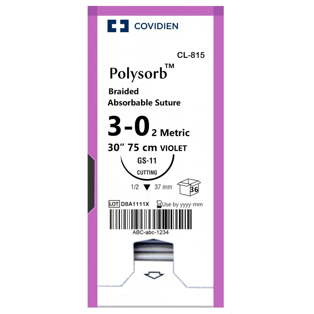 Medtronic Polysorb 75 cm 1/2 Circle Size 3-0 GS-11 Braided Synthetic Absorbable Coated Suture, Violet, 36/Box