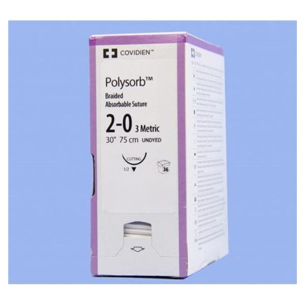 Medtronic Polysorb 75 cm 1/2 Circle Size 2-0 GS-11 Braided Synthetic Absorbable Coated Suture, 36/Box