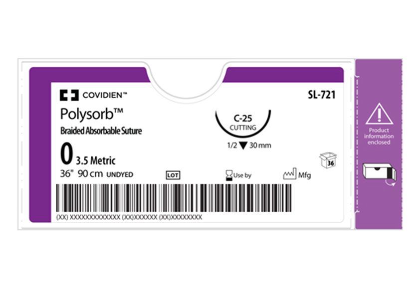 Medtronic Polysorb 90 cm 1/2 Circle Size 0 C-25 Braided Synthetic Absorbable Coated Suture, 36/Box