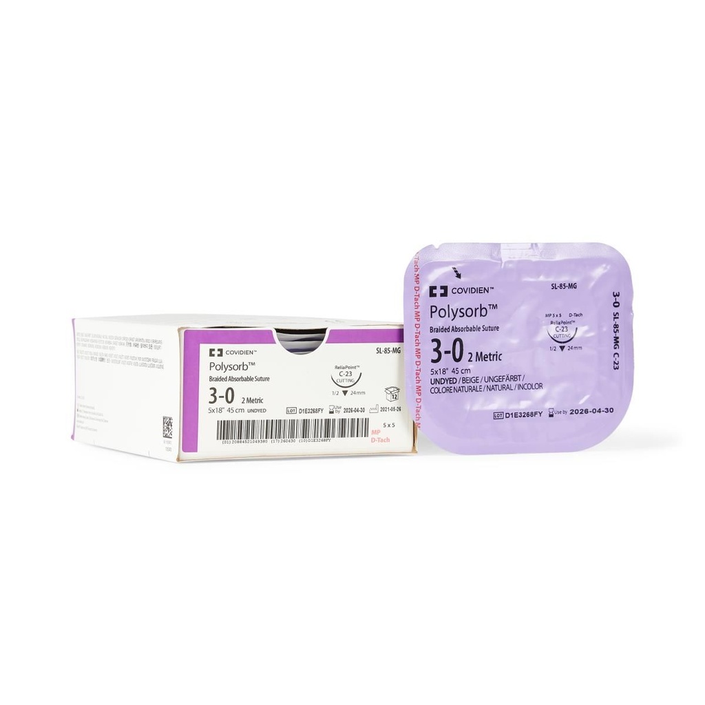 Medtronic Polysorb 5 cm x 45 cm 1/2 Circle Size 3-0 C-23 Braided Synthetic Absorbable Coated Suture, 12/Box