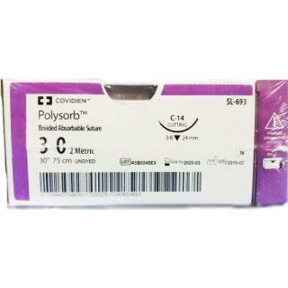 Medtronic Polysorb 75 cm 3/8 Circle Size 3-0 C-14 Braided Synthetic Absorbable Coated Suture, 36/Box