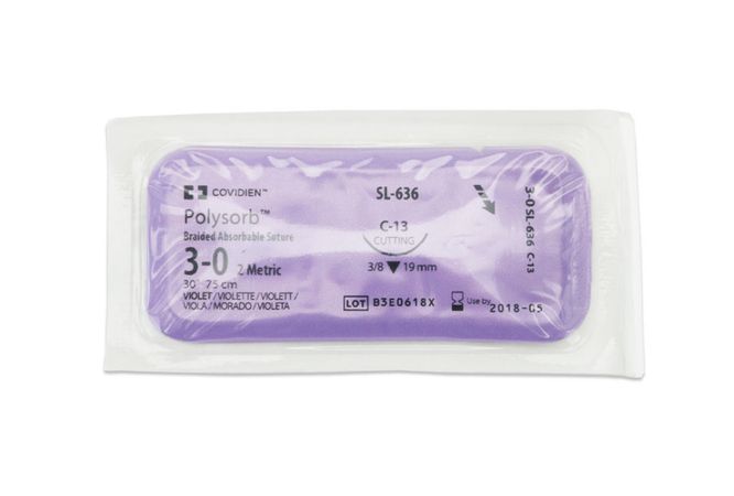 Medtronic Polysorb 75 cm 3/8 Circle Size 3-0 C-13 Braided Synthetic Absorbable Coated Suture, Violet, 36/Box