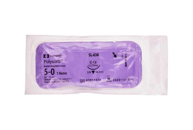 Medtronic Polysorb 75 cm 3/8 Circle Size 5-0 C-12 Braided Synthetic Absorbable Coated Suture, Violet, 36/Box