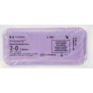 Medtronic Polysorb 150 cm Size 2-0 Standard Length Braided Synthetic Absorbable Coated Suture, 36/Box