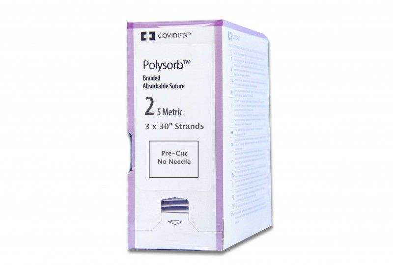 Medtronic Polysorb 3 cm x 75 cm Size 2 Pre-Cut Braided Synthetic Absorbable Coated Suture, Violet, 24/Box
