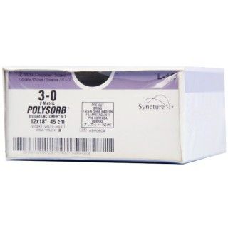 Medtronic Polysorb 12 cm x 45 cm Size 3-0 Pre-Cut Braided Synthetic Absorbable Coated Suture, Violet, 24/Box