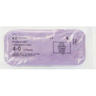 Medtronic Polysorb 12 cm x 45 cm Size 4-0 Pre-Cut Braided Synthetic Absorbable Coated Suture, 24/Box