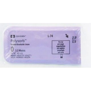 Medtronic Polysorb 3 cm x 45 cm Size 0 Pre-Cut Braided Synthetic Absorbable Coated Suture, Violet, 36/Box