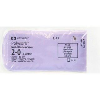 Medtronic Polysorb 3 cm x 45 cm Size 2-0 Pre-Cut Braided Synthetic Absorbable Coated Suture, Violet, 36/Box