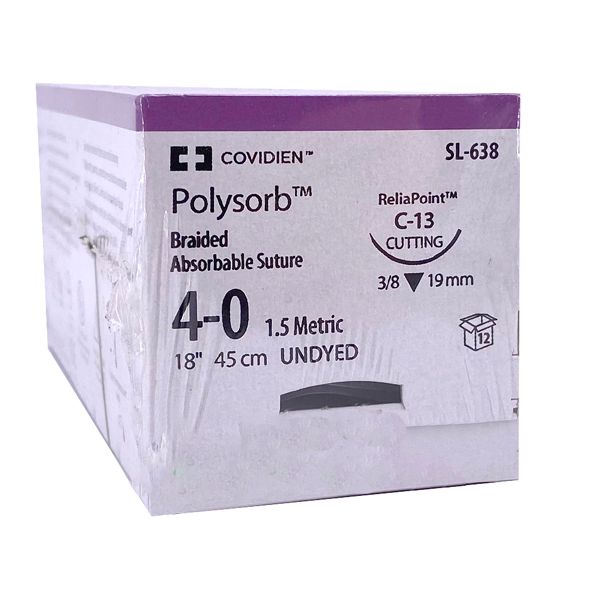 Medtronic Polysorb 45 cm 3/8 Circle Size 4-0 C-13 Braided Synthetic Absorbable Coated Suture, 12/Box