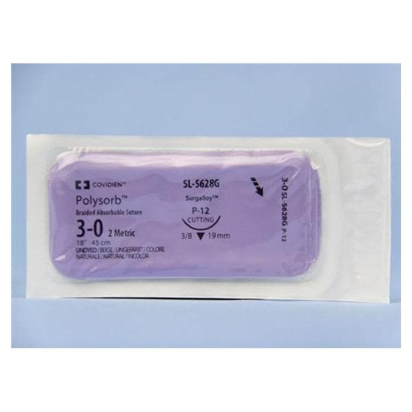 Medtronic Polysorb 45 cm 3/8 Circle Size 3-0 P-12 Braided Synthetic Absorbable Coated Suture, 12/Box
