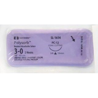 Medtronic Polysorb 45 cm 3/8 Circle Size 3-0 PC-12 Braided Synthetic Absorbable Coated Suture, 36/Box