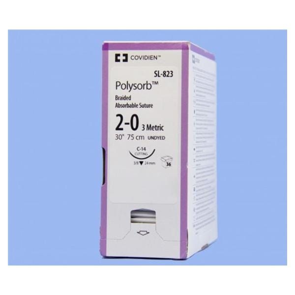 Medtronic Polysorb 75 cm 3/8 Circle Size 2-0 C-14 Braided Synthetic Absorbable Coated Suture, 36/Box