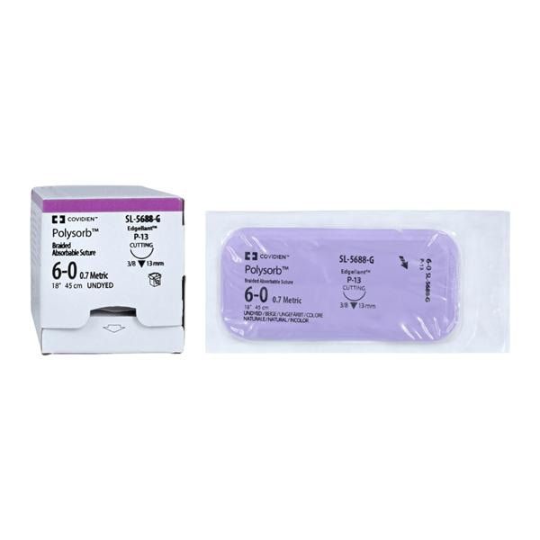 Medtronic Polysorb 45 cm 3/8 Circle Size 6-0 P-13 Braided Synthetic Absorbable Coated Suture, 12/Box