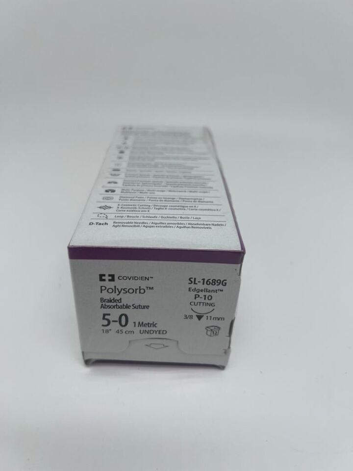 Medtronic Polysorb 45 cm 3/8 Circle Size 5-0 P-10 Braided Synthetic Absorbable Coated Suture, 12/Box