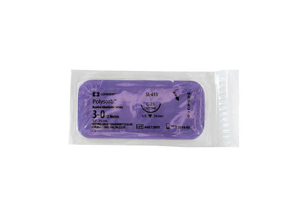 Medtronic Polysorb 75 cm 1/2 Circle Size 3-0 C-23 Braided Synthetic Absorbable Coated Suture, 36/Box