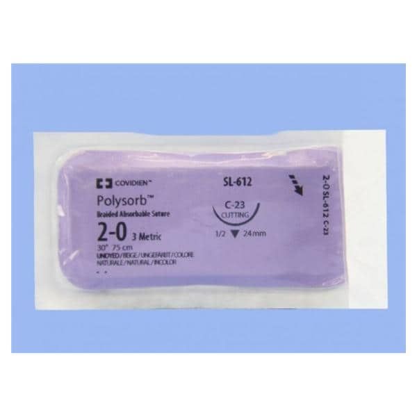 Medtronic Polysorb 75 cm 1/2 Circle Size 2-0 C-23 Braided Synthetic Absorbable Coated Suture, 36/Box