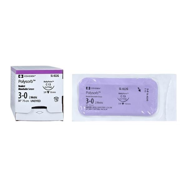 Medtronic Polysorb 75 cm 3/8 Circle Size 3-0 C-13 Braided Synthetic Absorbable Coated Suture, 12/Box