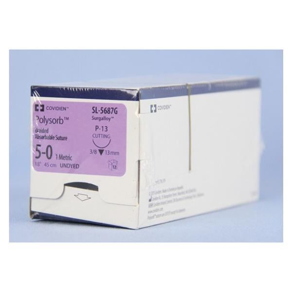 Medtronic Polysorb 45 cm 3/8 Circle Size 5-0 P-13 Braided Synthetic Absorbable Coated Suture, 12/Box