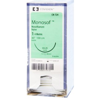 Medtronic Monosof 100 cm 1/2 Circle Size 1 GS-25 Monofilament Nylon Suture, Black, 36/Box