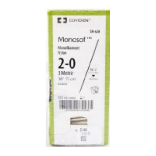 Medtronic Monosof Dermalon 30 inch Straight Size 2-0 SC-2 Monofilament Nylon Suture, Black, 36/Box