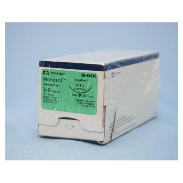 Medtronic Monosof 45 cm 3/8 Circle Size 3-0 P-14 Monofilament Nylon Suture, Black, 12/Box