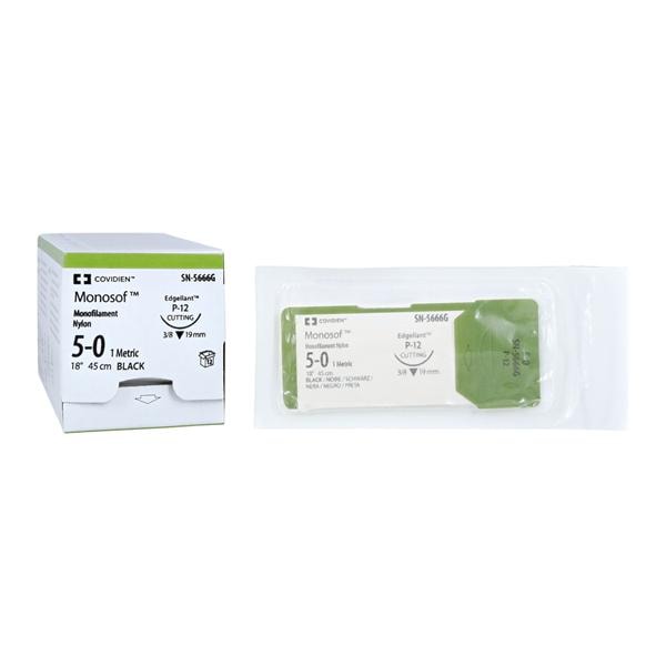 Medtronic Monosof 45 cm 3/8 Circle Size 5-0 P-12 Monofilament Nylon Suture, Black, 12/Box