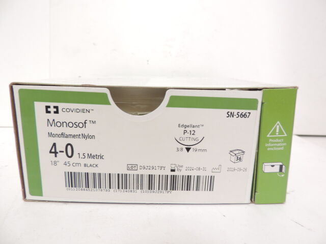 Medtronic Monosof 45 cm 3/8 Circle Size 4-0 P-12 Monofilament Nylon Suture, Black, 36/Box