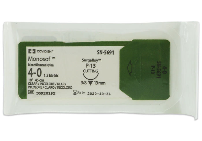 Medtronic Monosof 45 cm 3/8 Circle Size 4-0 P-13 Monofilament Nylon Suture, Clear, 36/Box