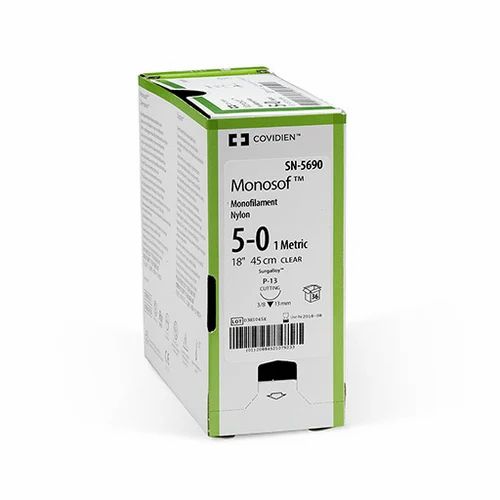 Medtronic Monosof 45 cm 3/8 Circle Size 5-0 P-13 Monofilament Nylon Suture, Clear, 36/Box